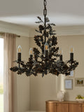 Black Evelyn chandelier dark slate grey metal oak leaves ceiling light, imported from the UK
