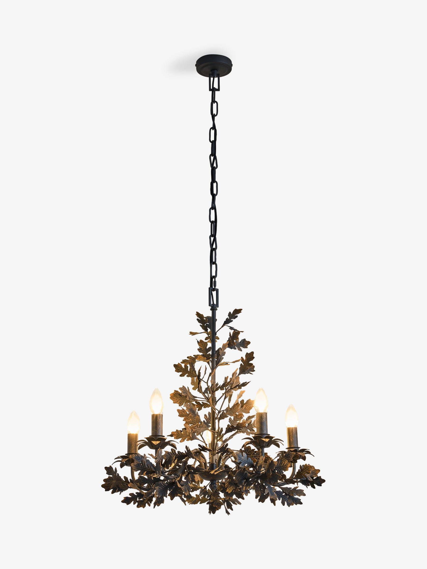 Black Evelyn chandelier dark slate grey metal oak leaves ceiling light, imported from the UK
