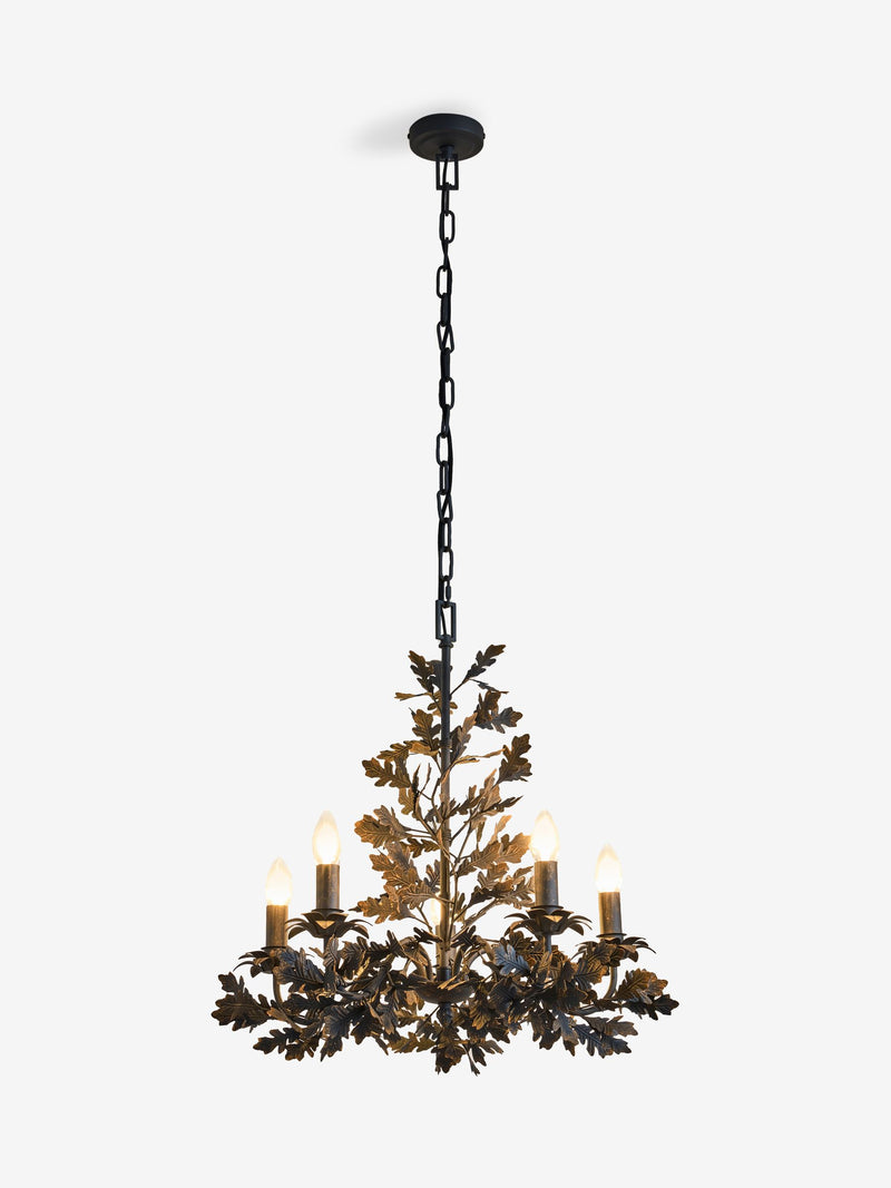 Black Evelyn chandelier dark slate grey metal oak leaves ceiling light, imported from the UK