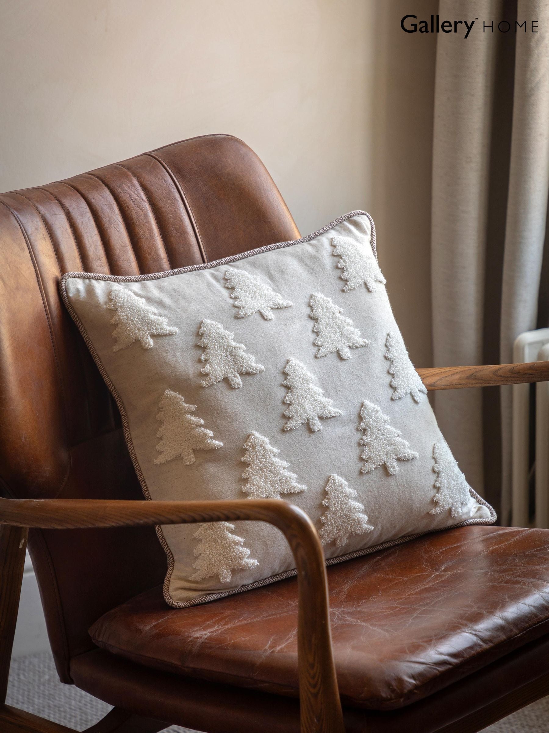 Gallery Home cream embroidered woodland tree cushion 45x45cm, imported from the UK