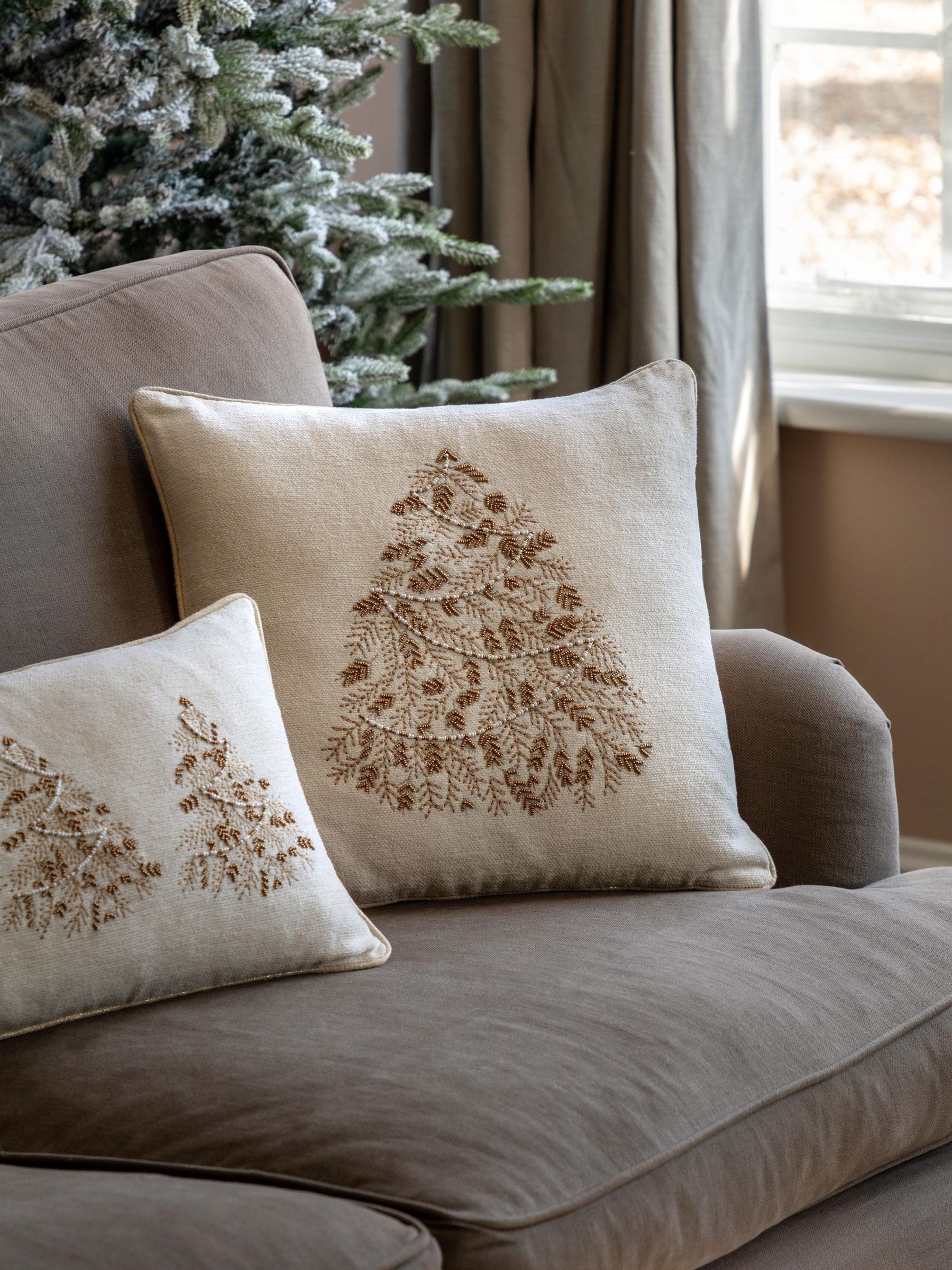 Gallery Home cream embroidered Christmas tree cushion 45cm (British brand)