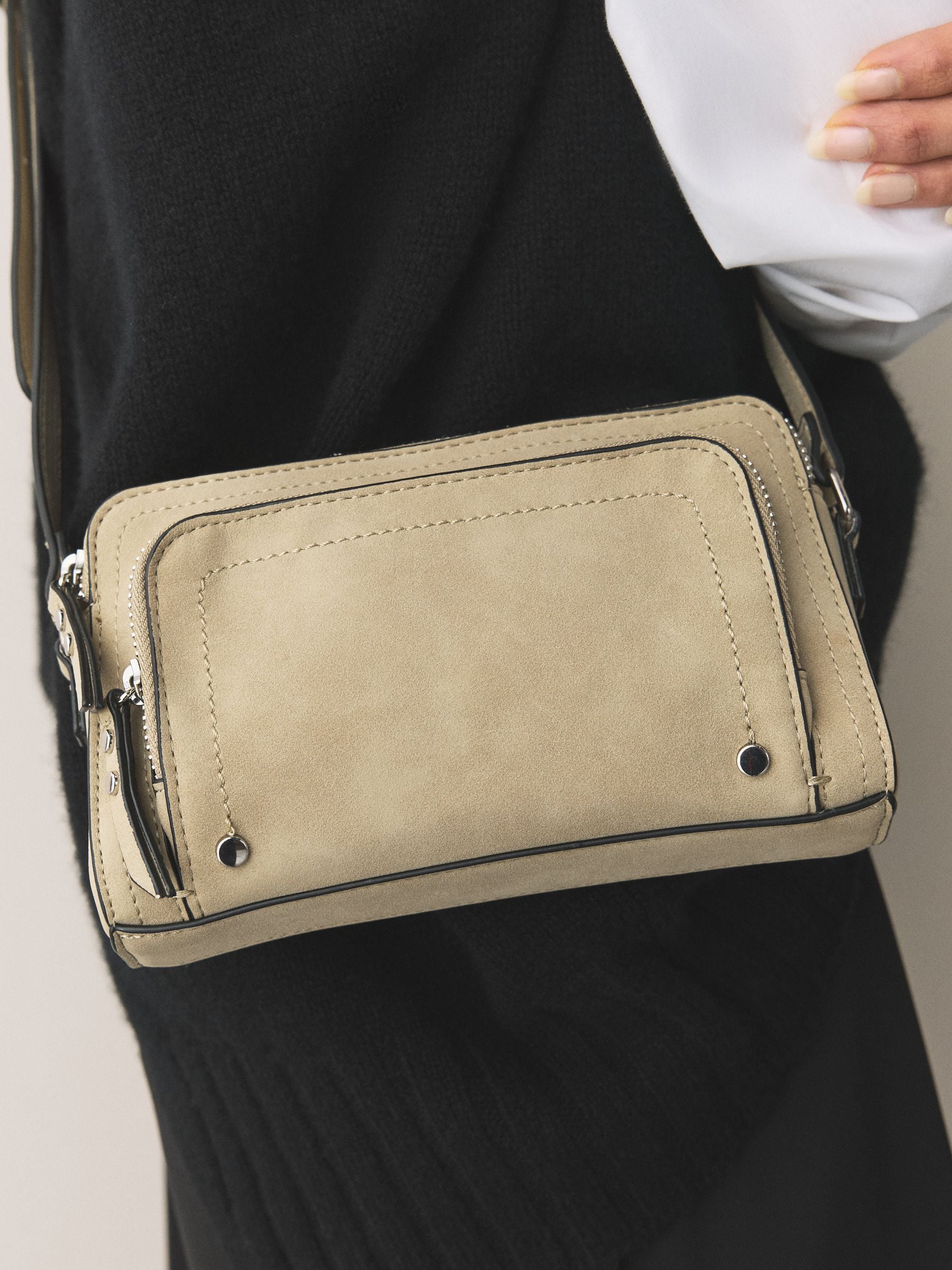 Stone double zip cross-body bag in faux suede, imported from the UK