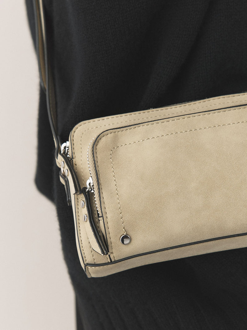 Stone double zip cross-body bag in faux suede, imported from the UK