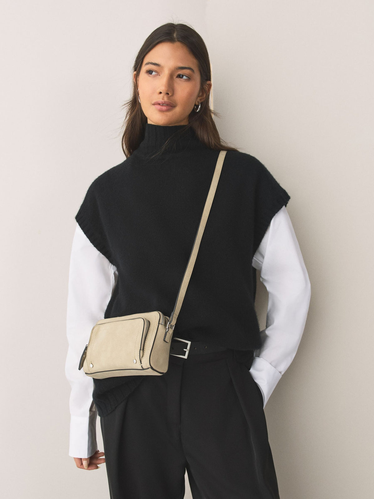 Stone double zip cross-body bag in faux suede, imported from the UK