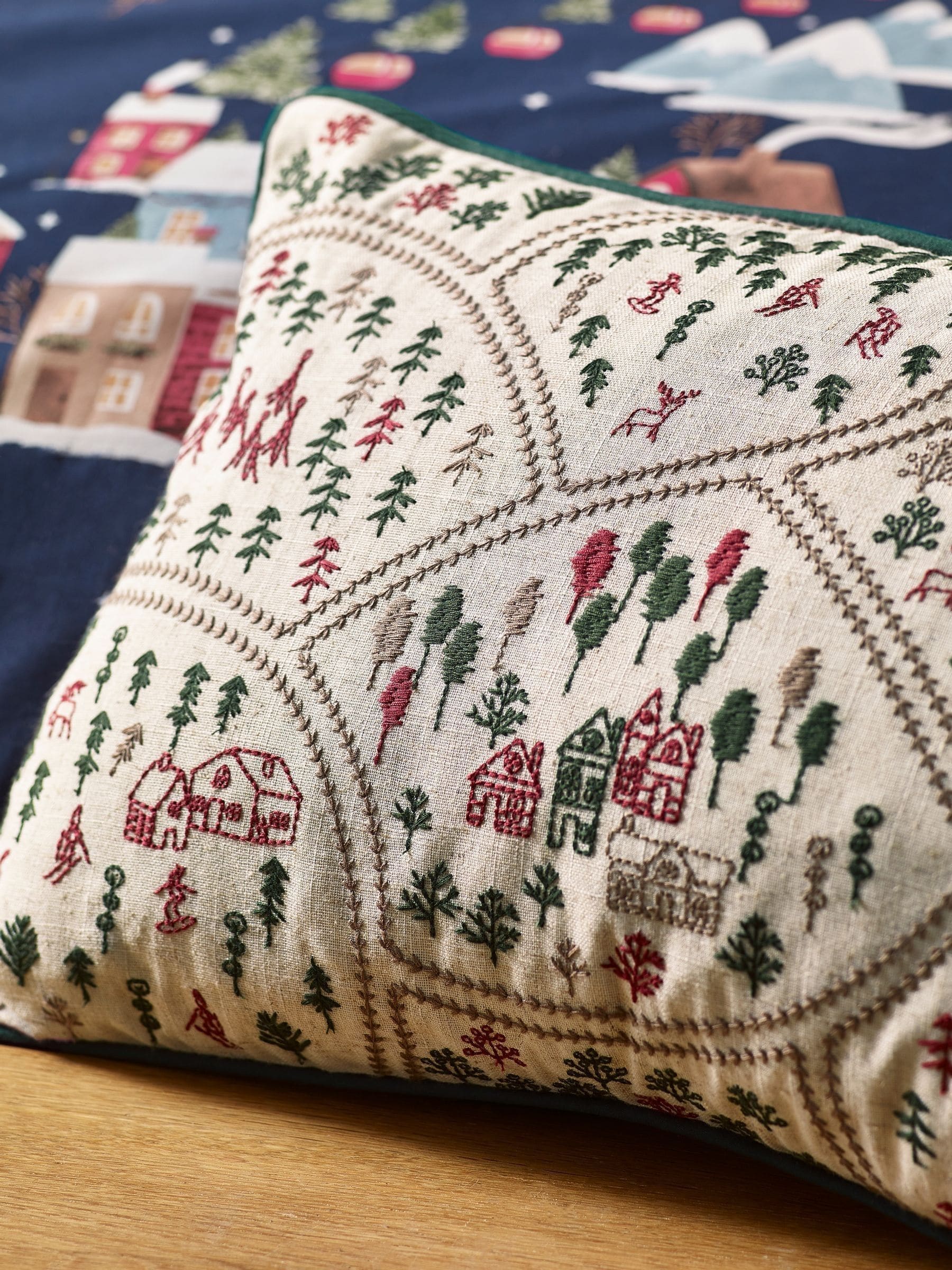 Catherine Lansfield Christmas ski village embroidered cushion 30x50cm - British product