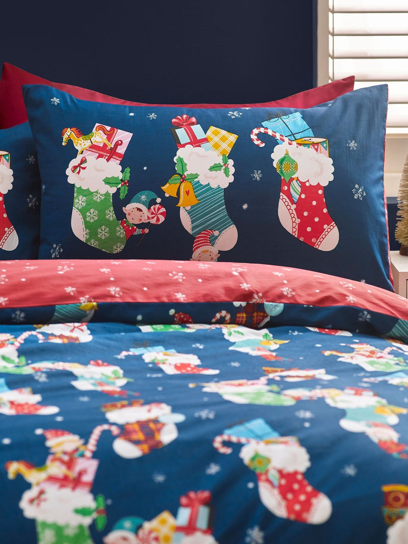 Catherine Lansfield Navy Christmas Elves Cotton Rich Duvet Cover Set