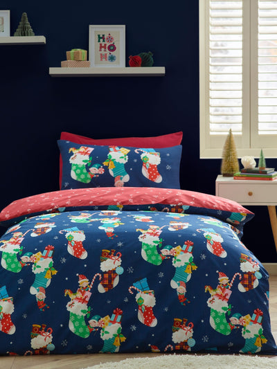 Next Catherine Lansfield Navy Christmas Elves Cotton Rich Duvet Cover Set- Buy online at McGrocer