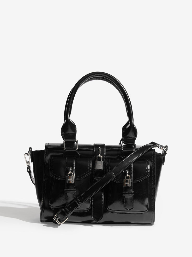 Friends Like These black faux leather padlock pocket bag, UK version