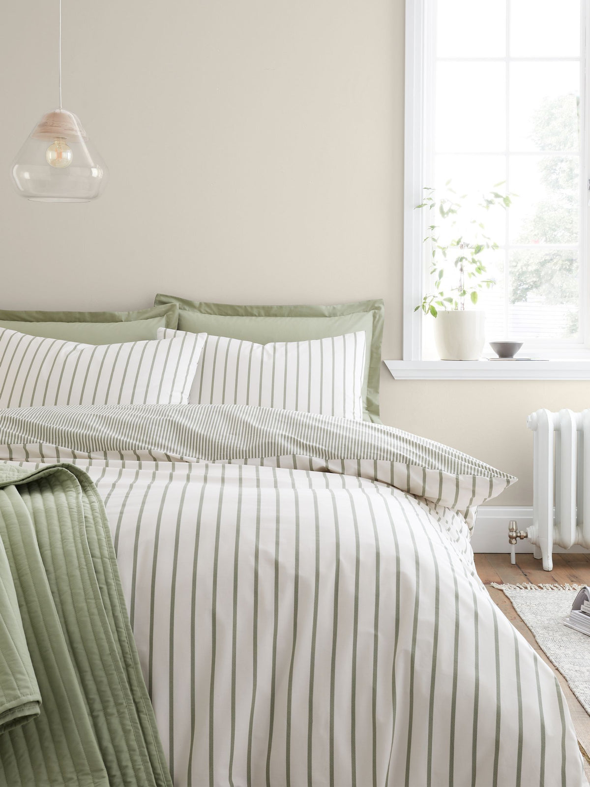 Bianca green Hampton stripe cotton reversible duvet cover set - British product