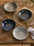 Four grey Scandi stoneware pasta bowls with reactive glaze (British brand)
