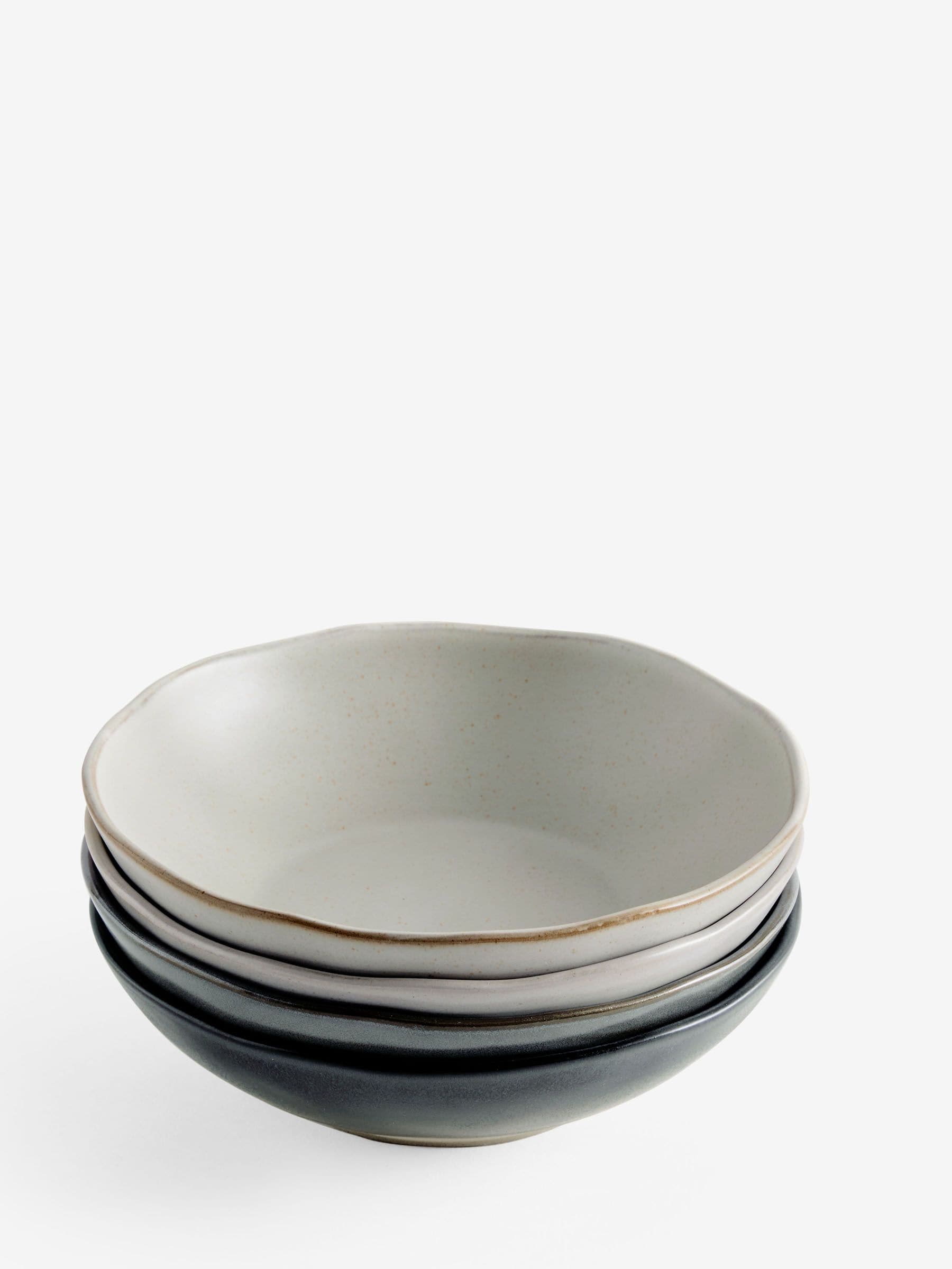 Four grey Scandi stoneware pasta bowls with reactive glaze (British brand)