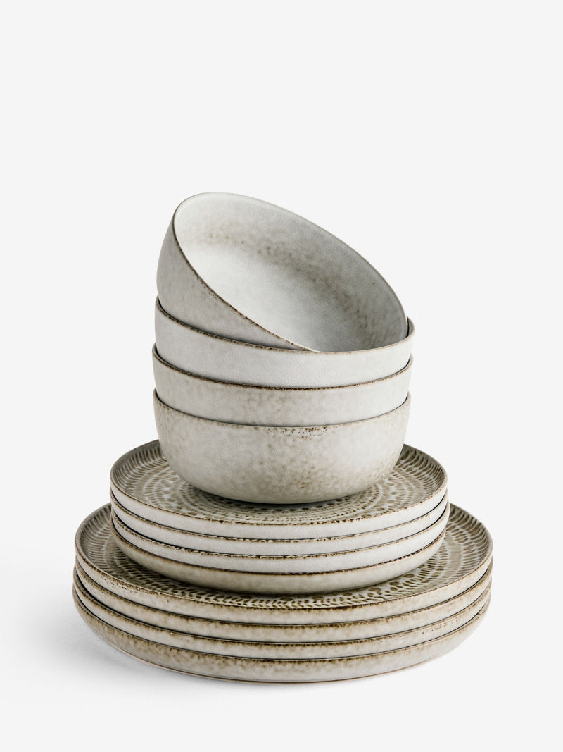 12-piece stoneware dinner set with reactive glaze global pattern, UK version