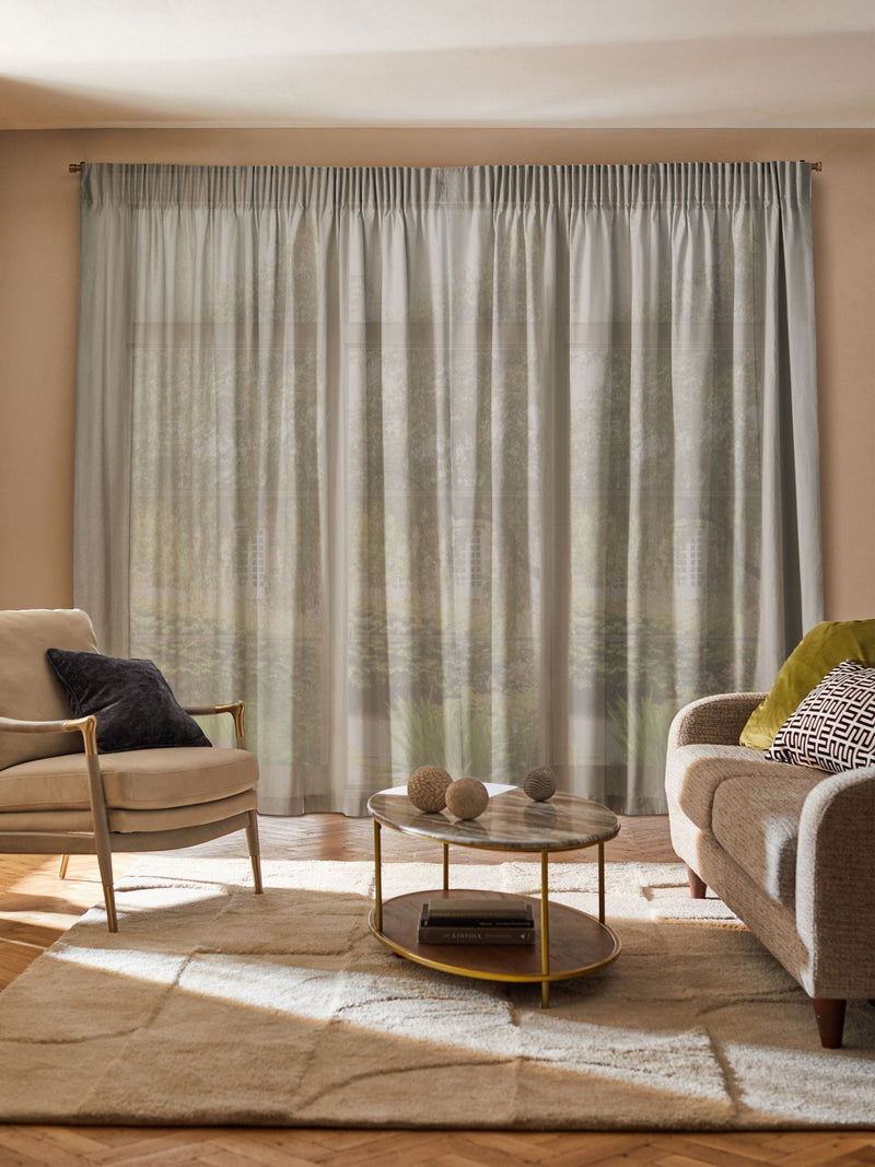 Aeris natural putty sheer curtain, imported from the UK