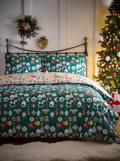 Fusion Green Ornaments Christmas Reversible Duvet Cover Set