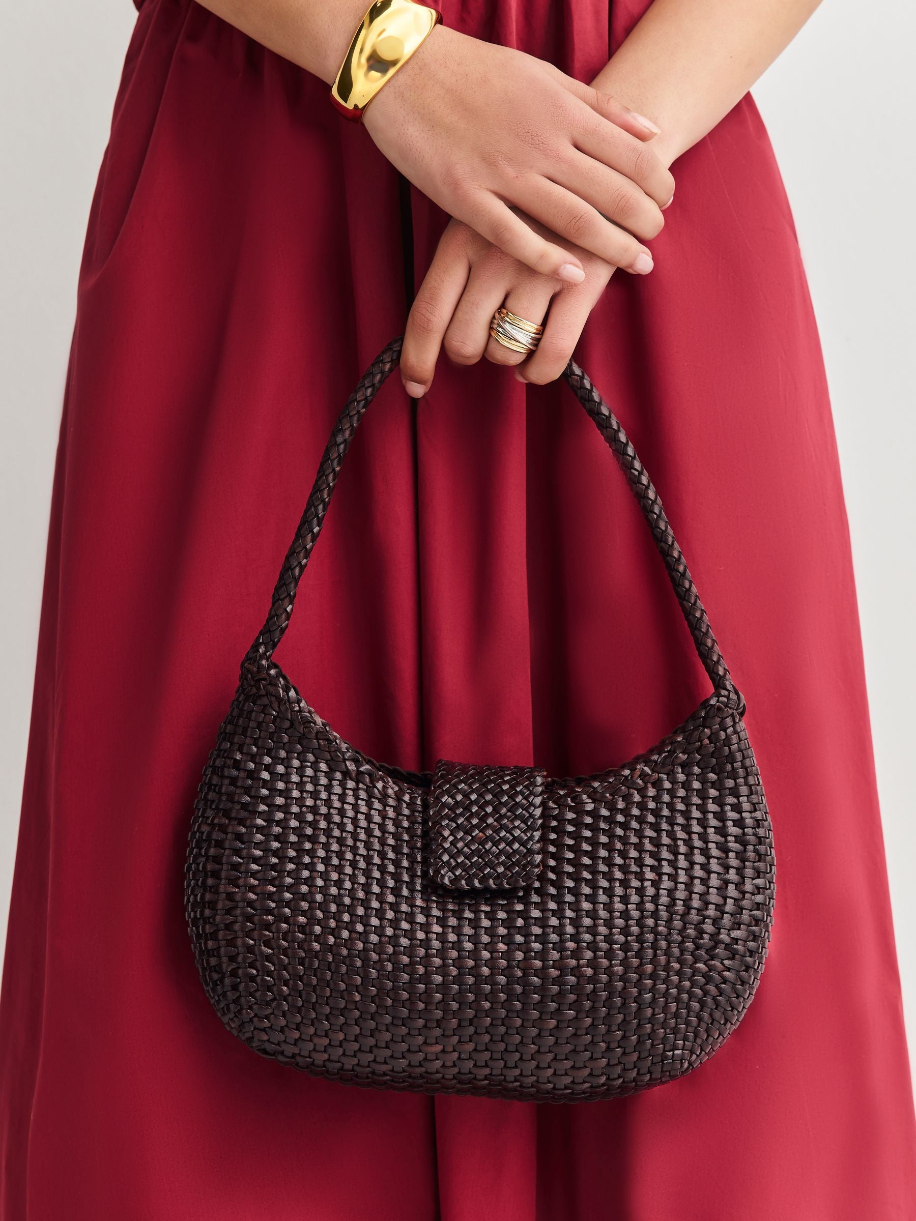 Rixo woven leather Saoirse bag in dark brown (British brand)