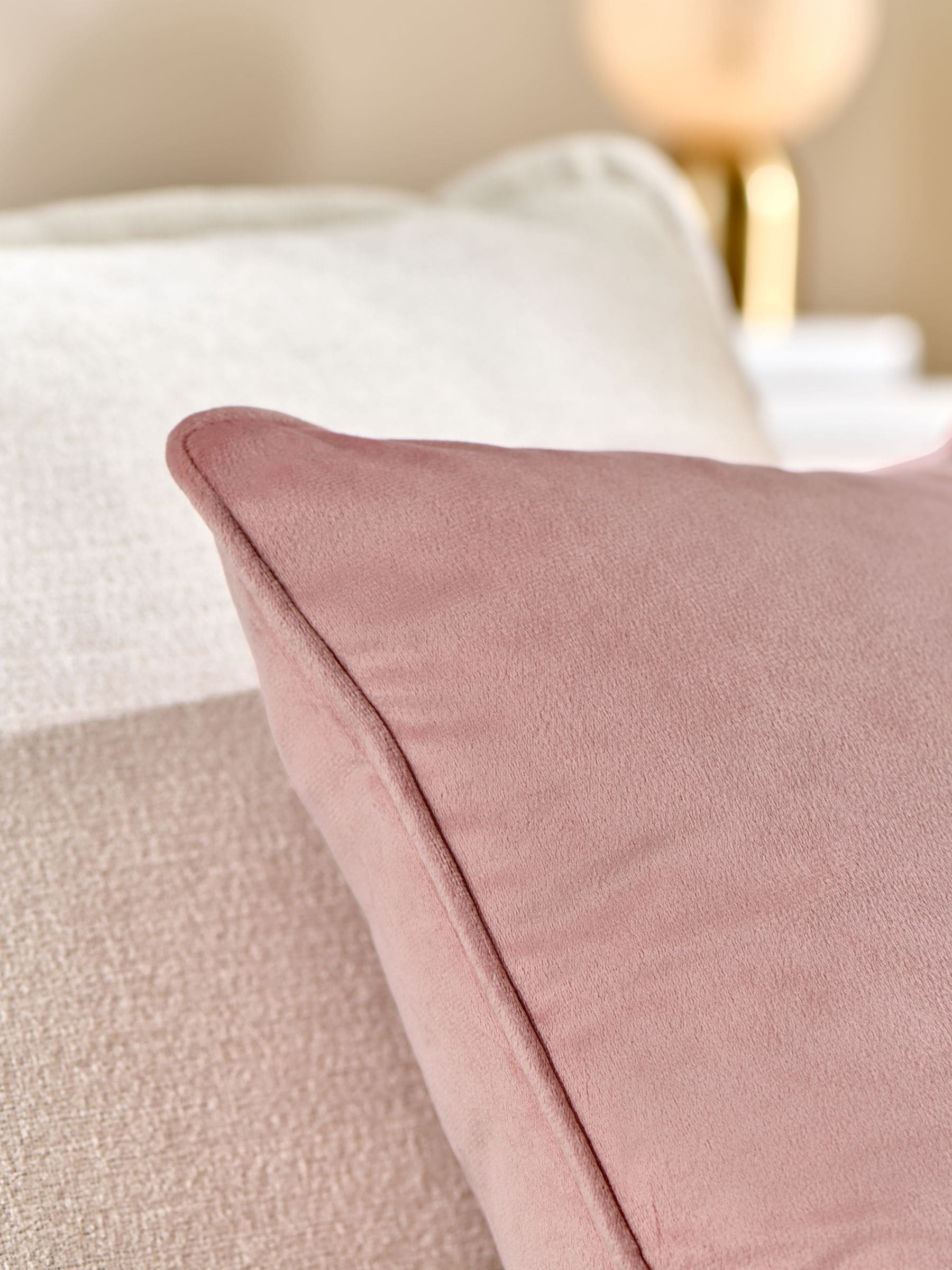Velvet cushion in blush pink, 43cm square (British brand)