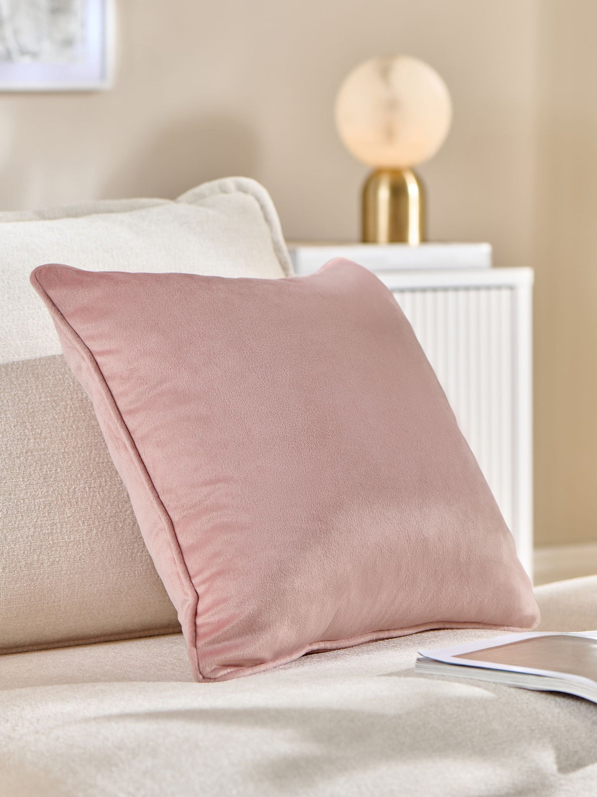 Velvet cushion in blush pink, 43cm square (British brand)