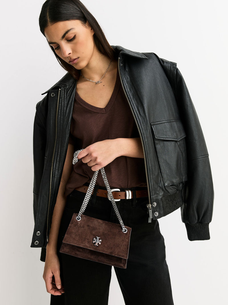 Tory Burch Kira Chevron small suede shoulder bag in dark cocoa, UK version