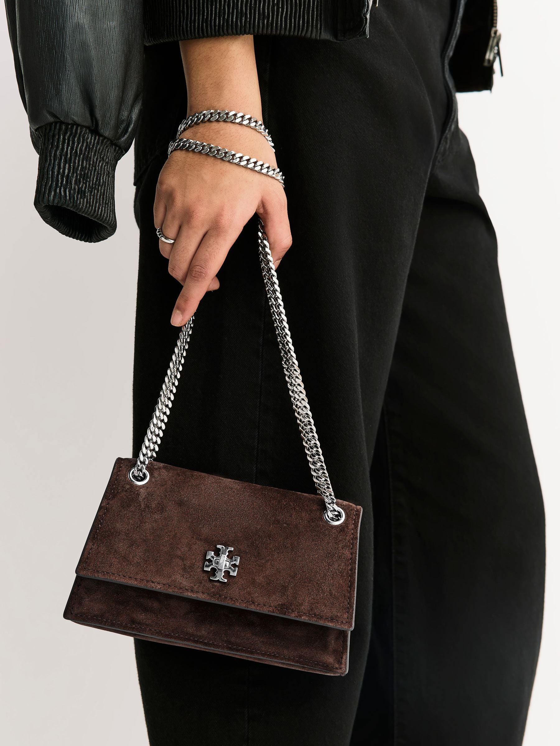 Tory Burch Kira Chevron small suede shoulder bag in dark cocoa, UK version
