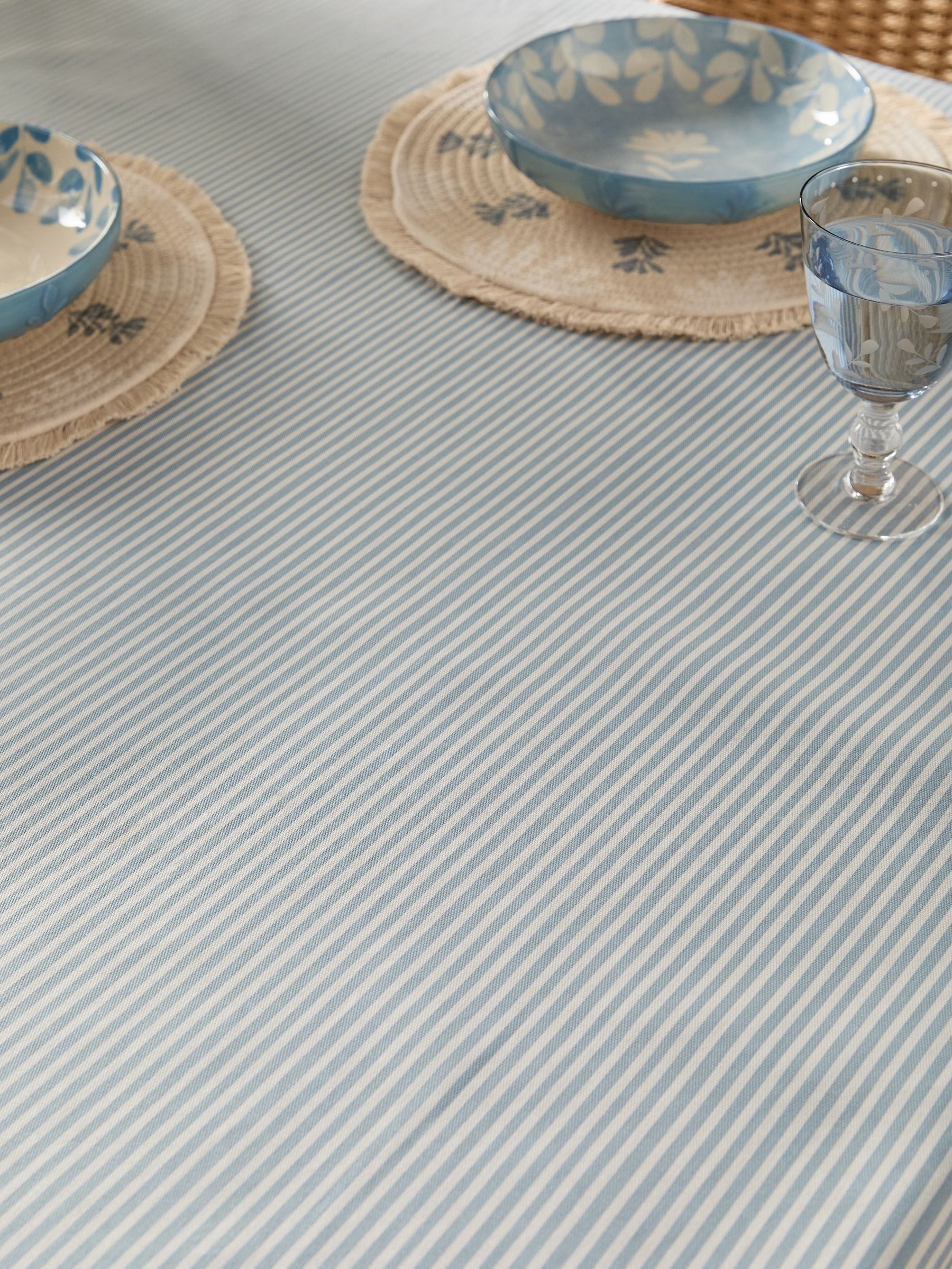 Blue stripe cotton wipe clean tablecloth, UK version