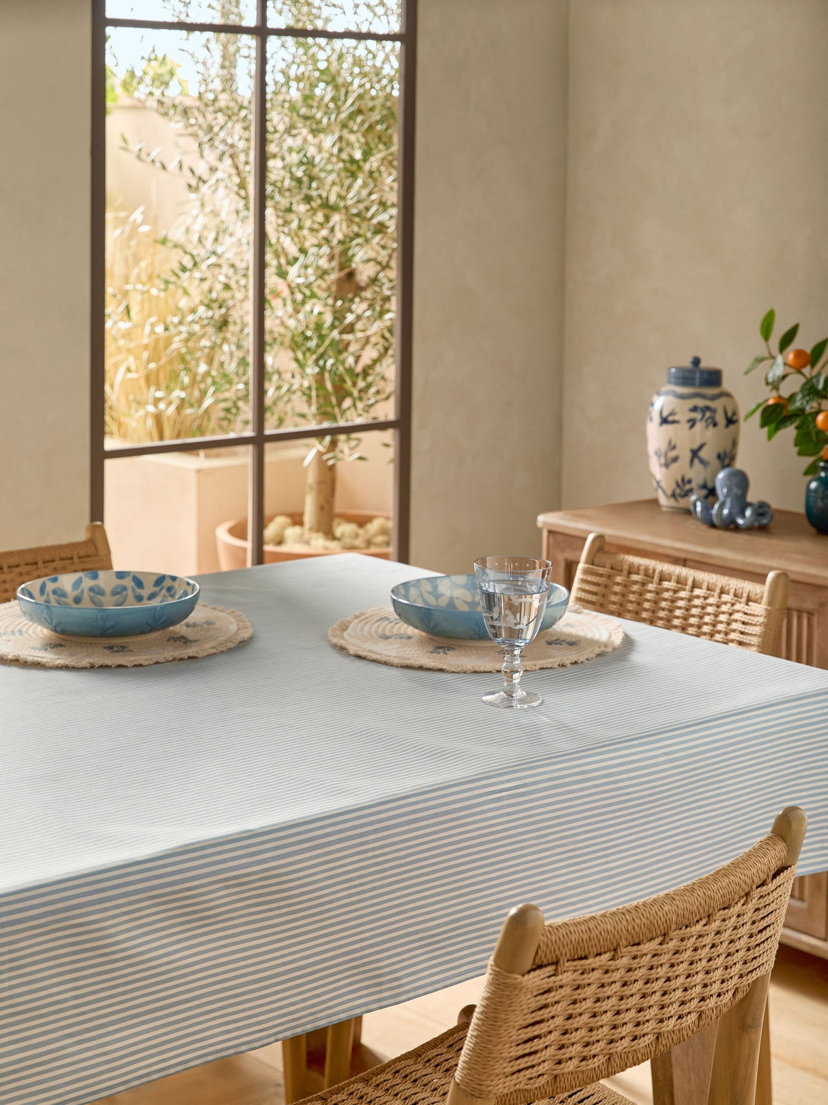 Blue stripe cotton wipe clean tablecloth, UK version