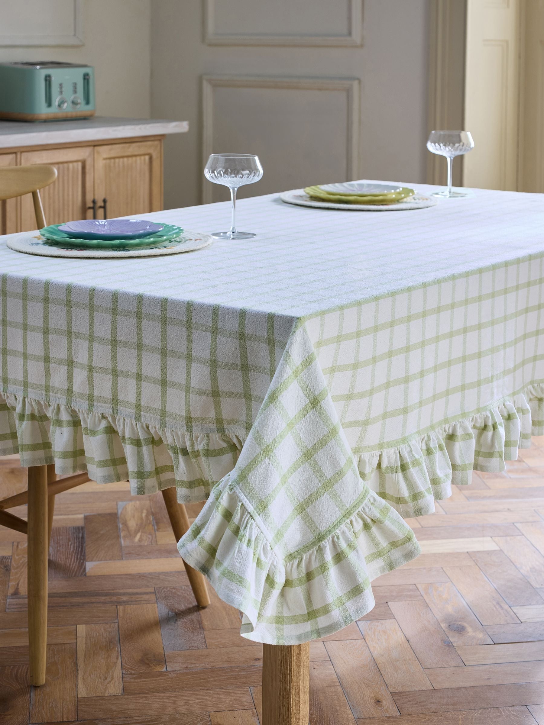 Sage green gingham washed cotton table cloth - British product