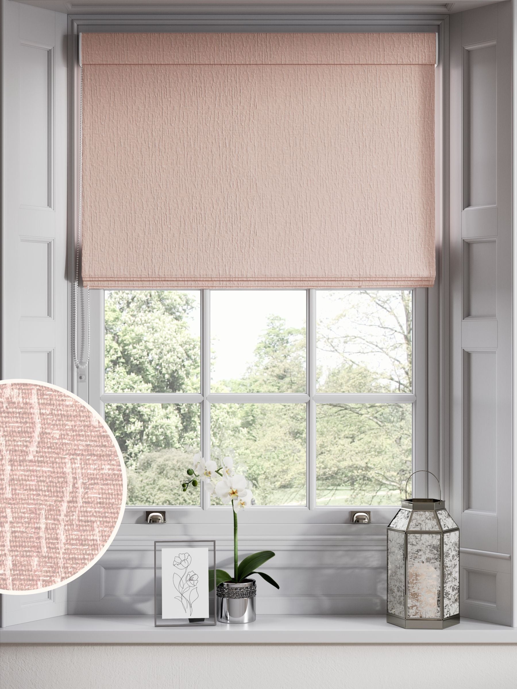 Pink chenille roman blind made to measure (British brand)