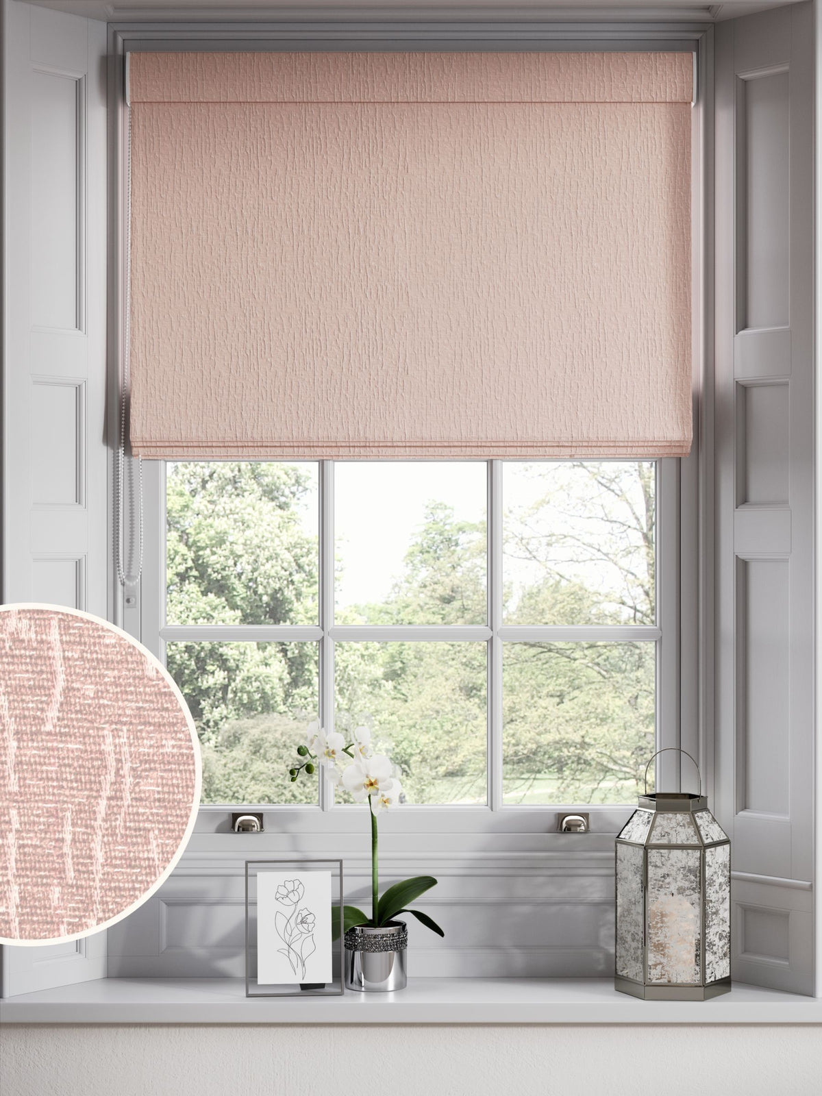 Pink chenille roman blind made to measure (British brand)