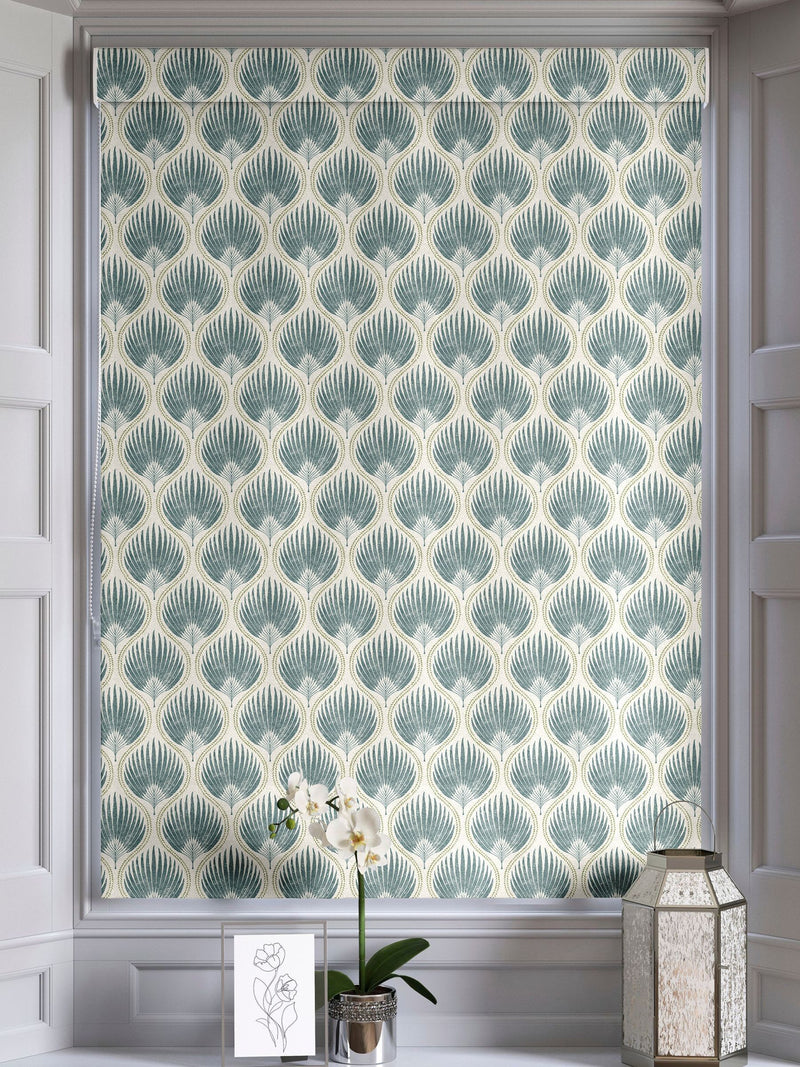Blue Poale made to measure Roman blind with leaf design - British product