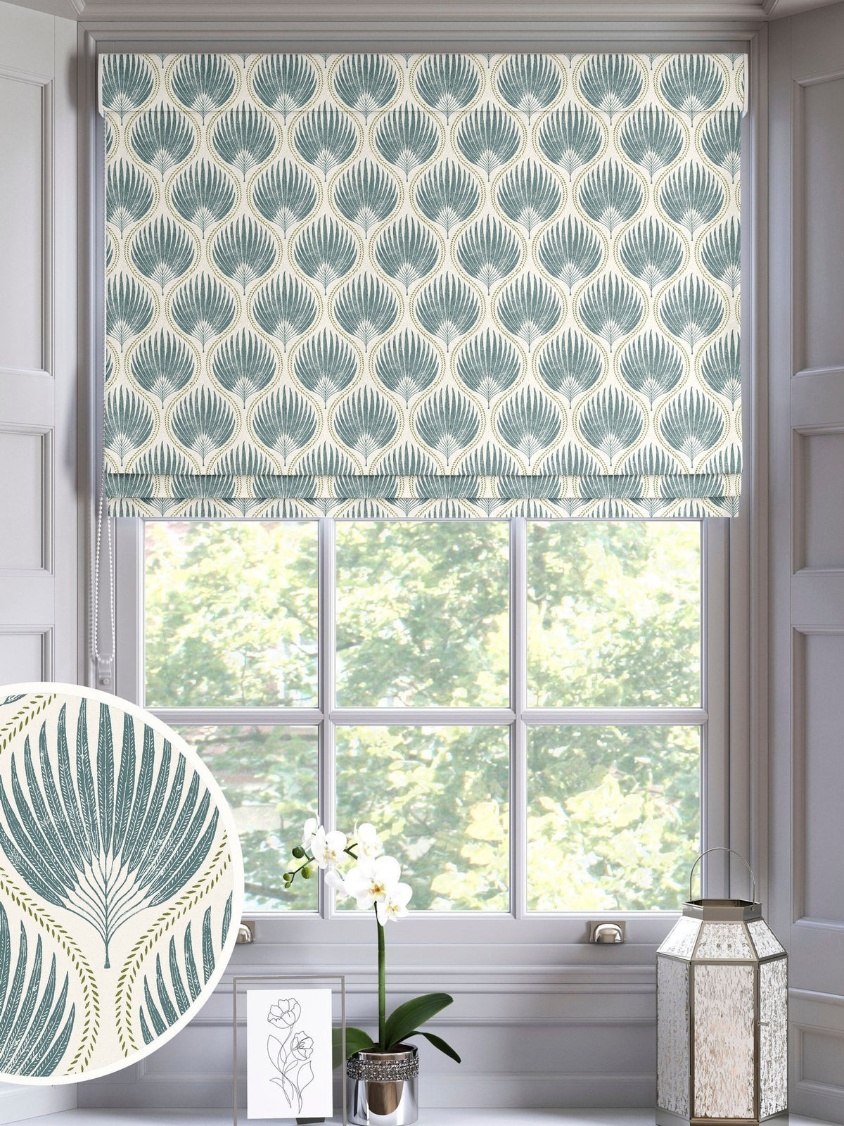 Blue Poale made to measure Roman blind with leaf design - British product