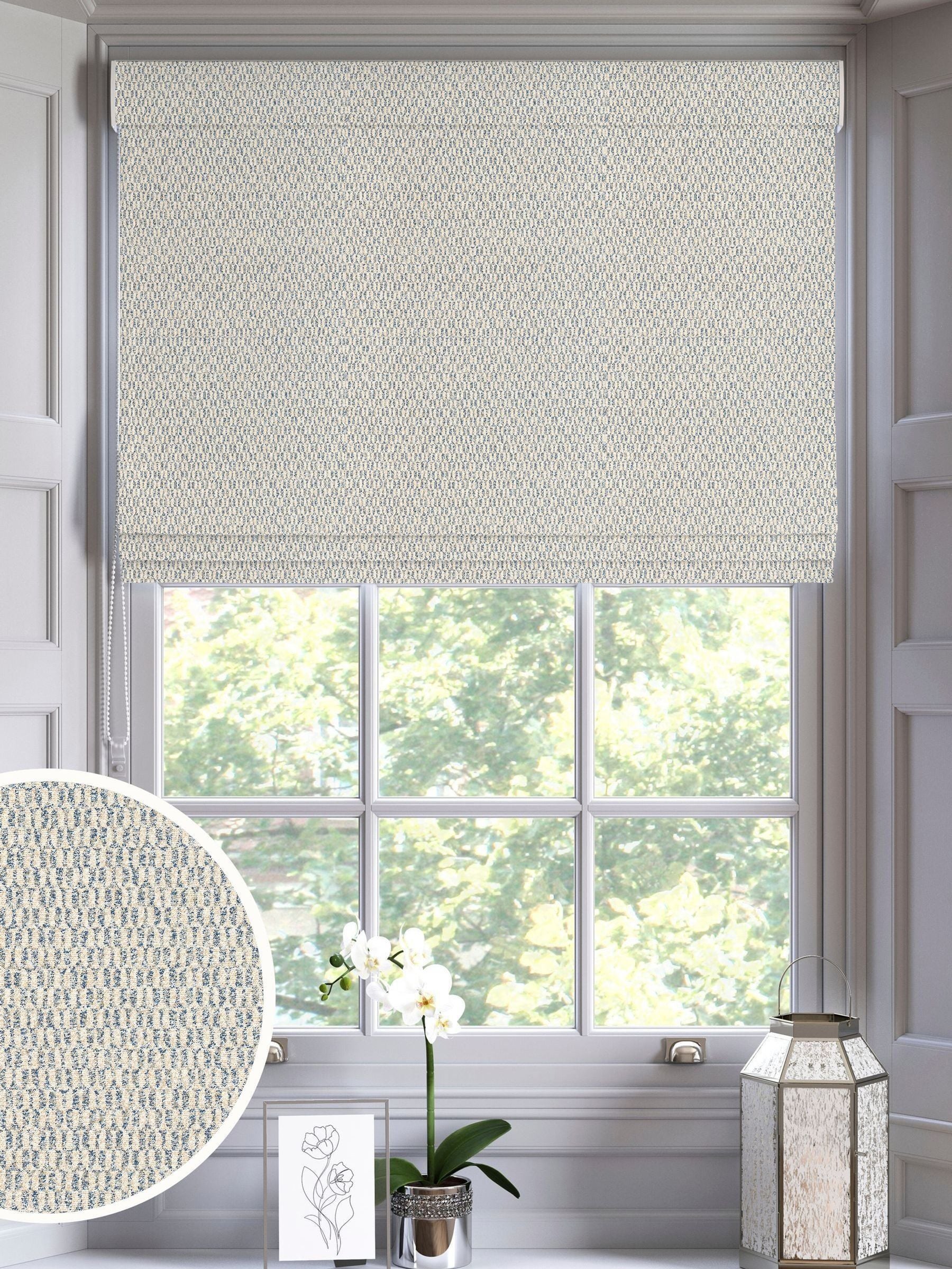 Blue Small Geo roman blind with geometric pattern, imported from the UK