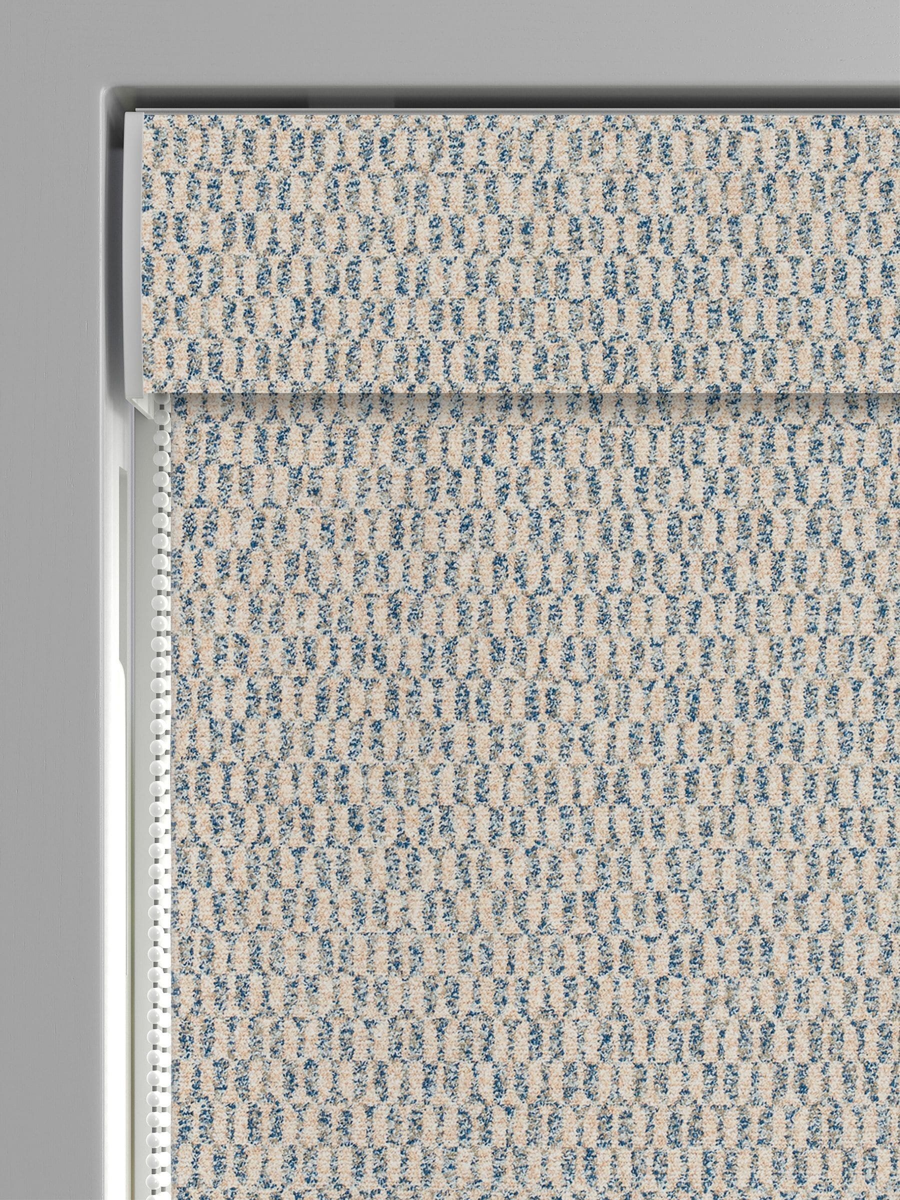 Blue Small Geo roman blind with geometric pattern, imported from the UK