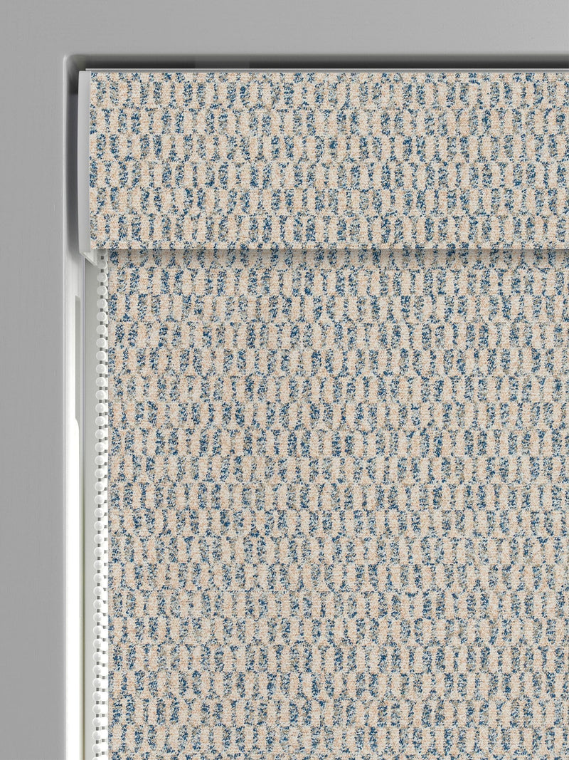 Blue Small Geo roman blind with geometric pattern, imported from the UK