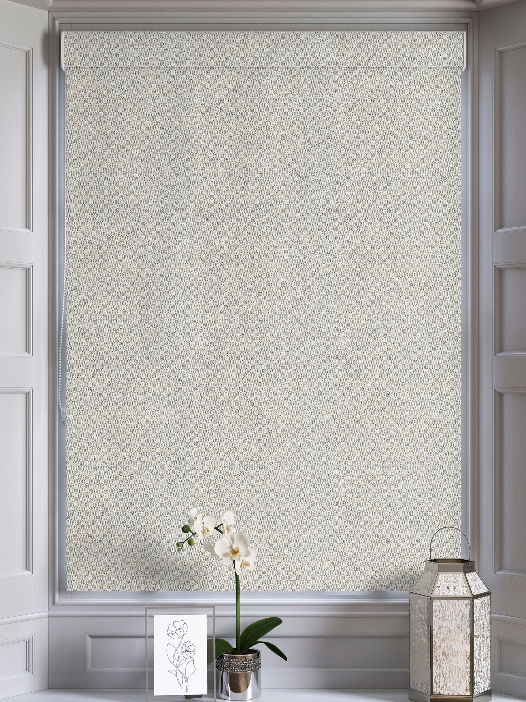 Blue Small Geo roman blind with geometric pattern, imported from the UK