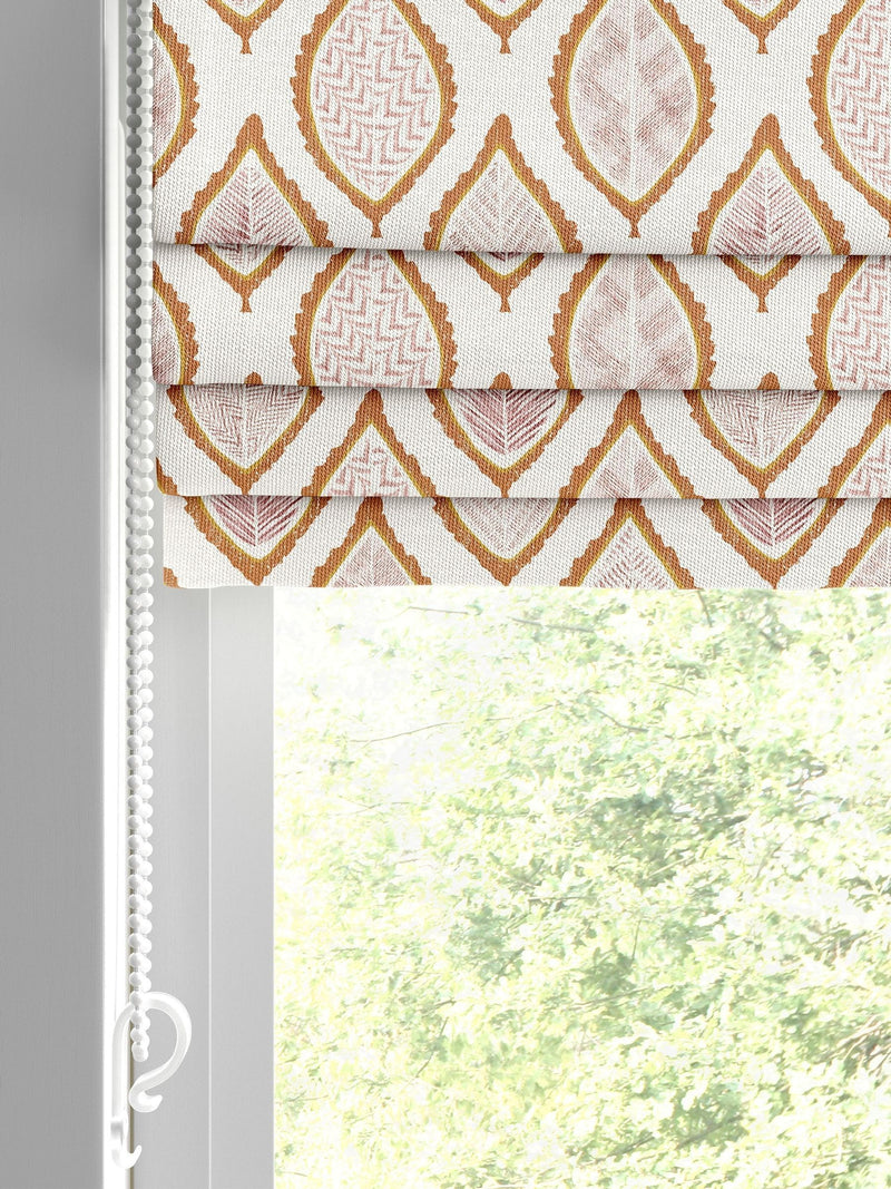Orange Mesop roman blind leaf print, imported from the UK