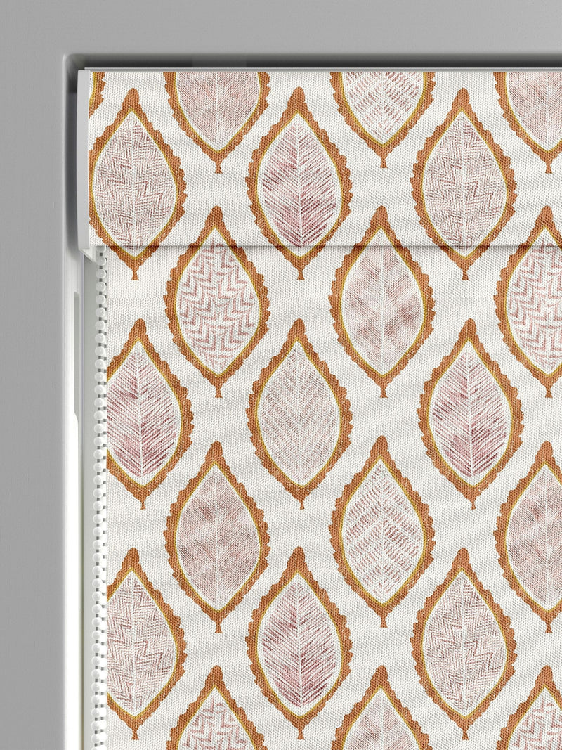 Orange Mesop roman blind leaf print, imported from the UK