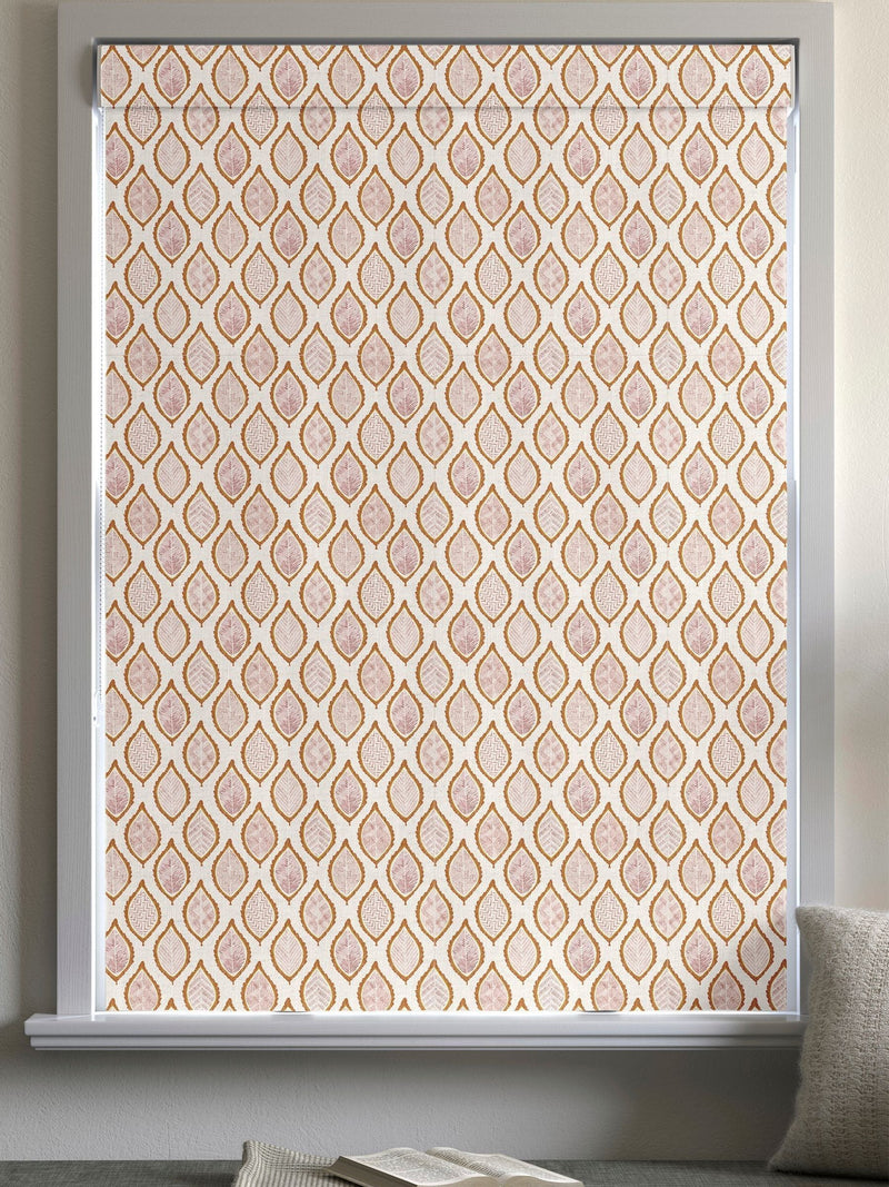 Orange Mesop roman blind leaf print, imported from the UK