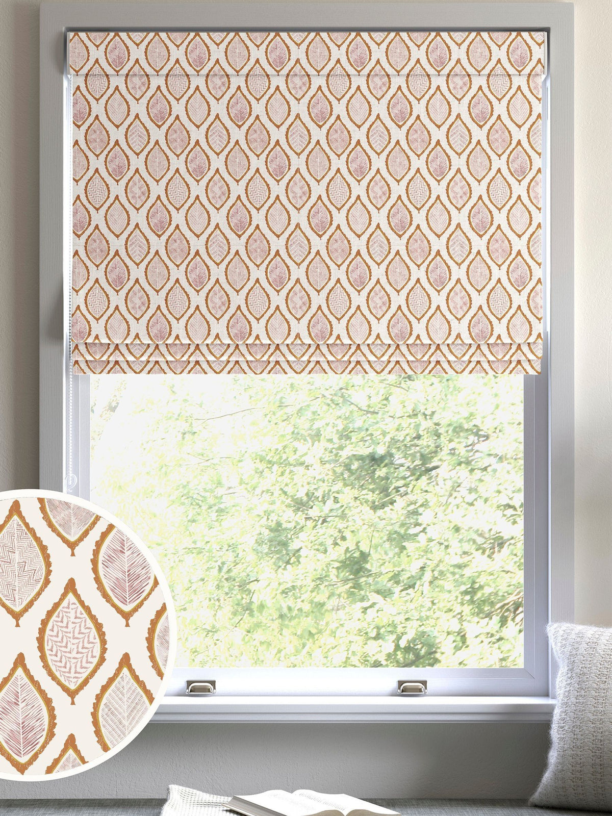 Orange Mesop roman blind leaf print, imported from the UK