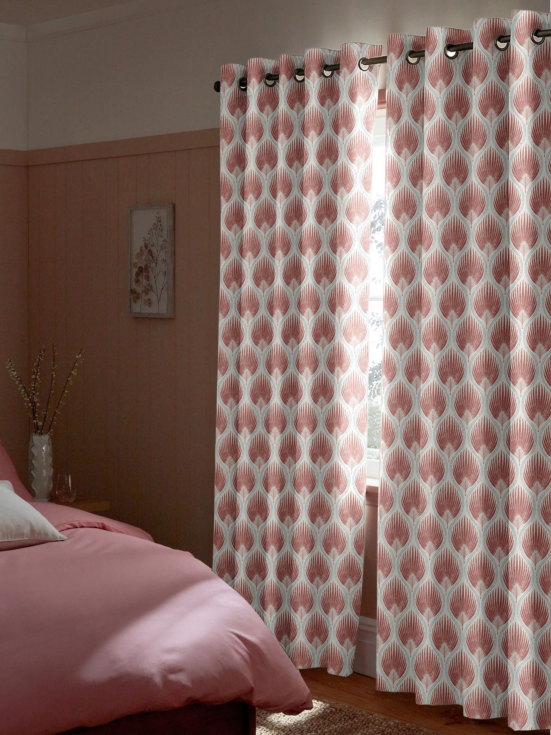 Poale red made to measure curtains with leafy print, UK version