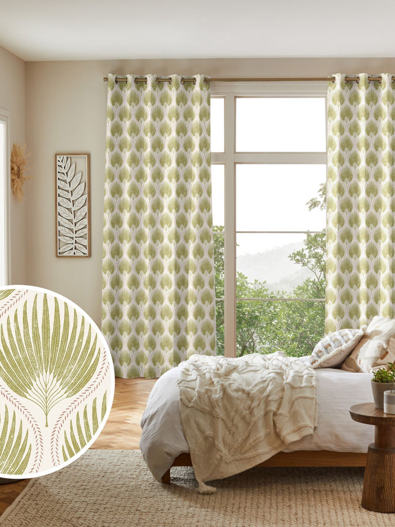 Poale green cotton curtains leaf print, UK version