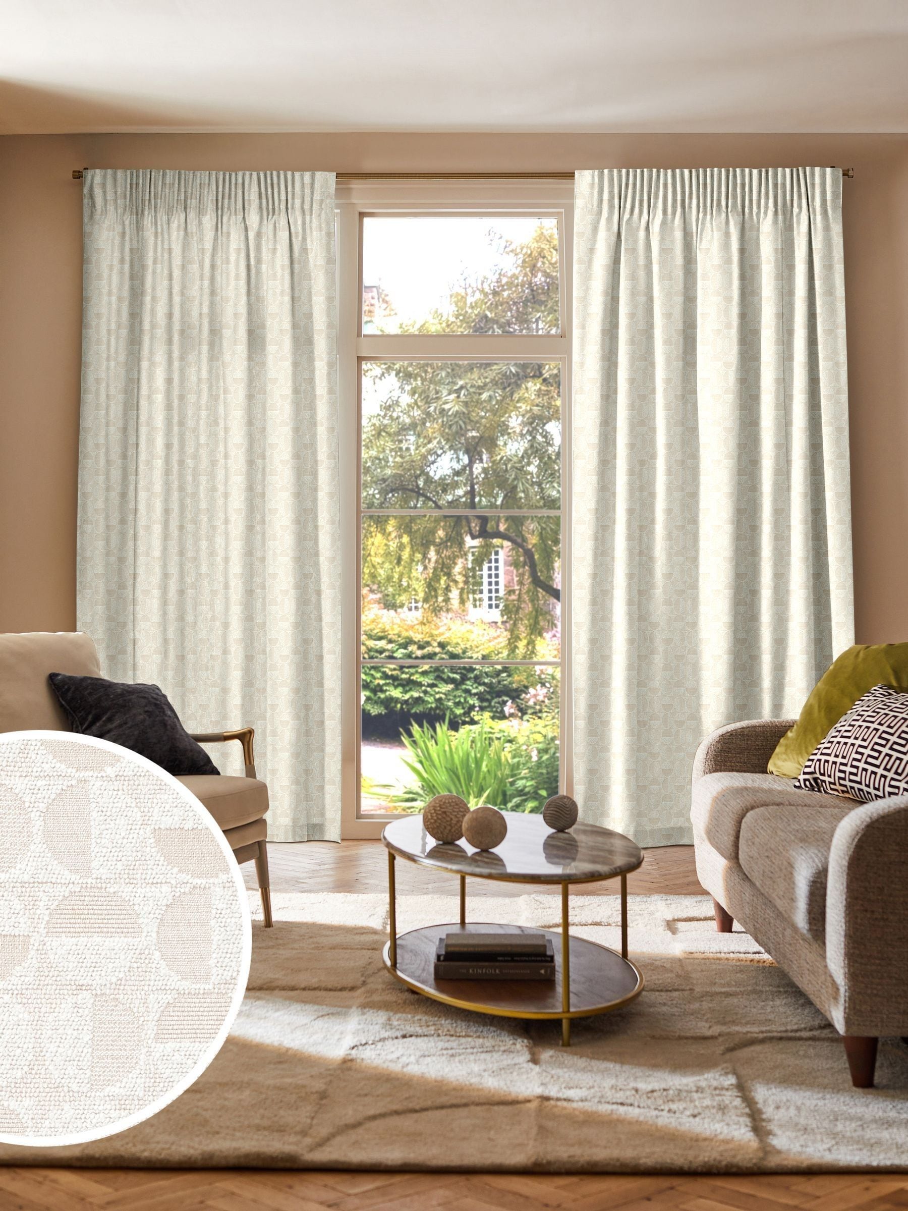 Natural cosy jacquard curtain with geometric pattern (British brand)
