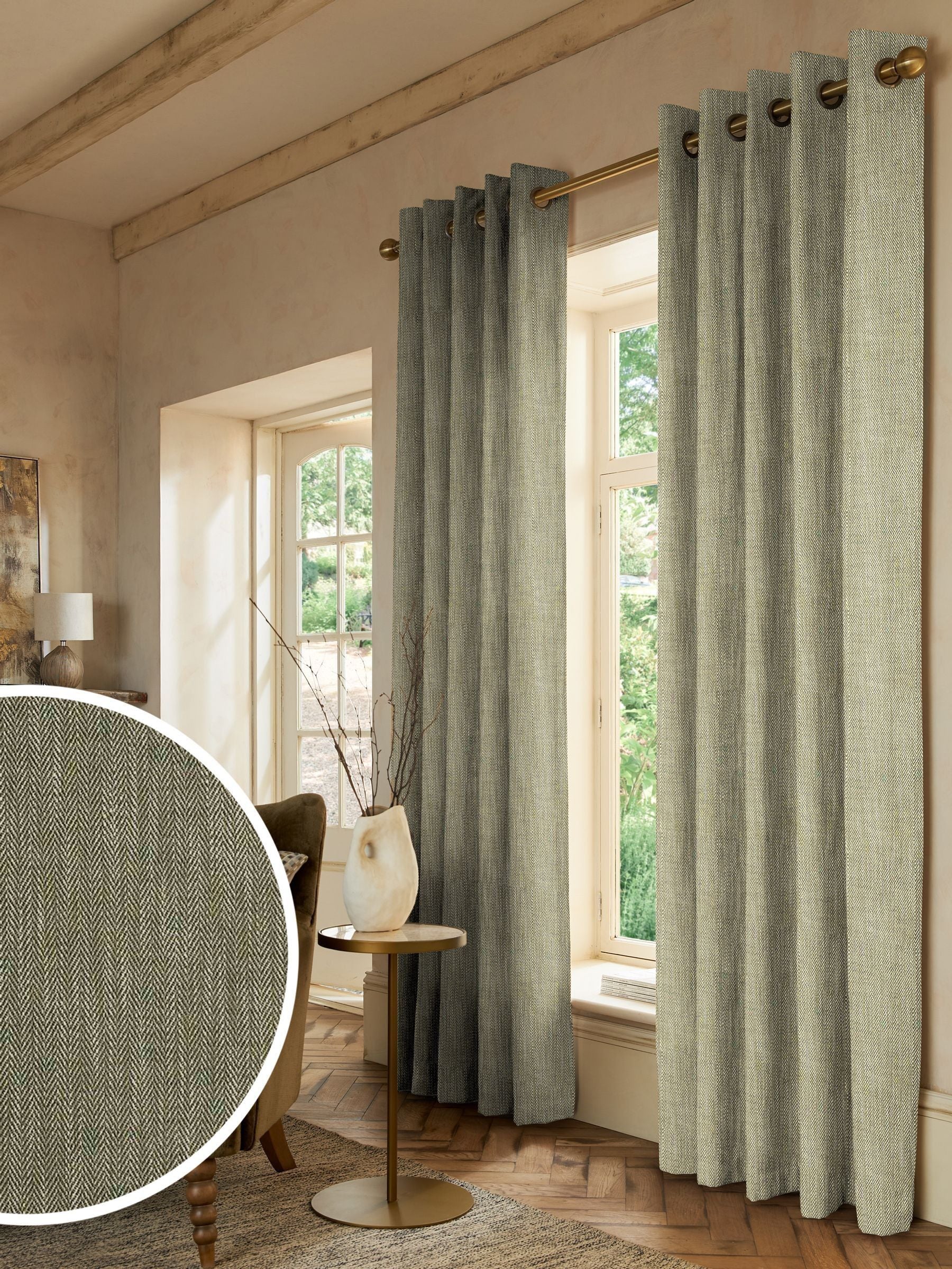 Green knit made-to-measure curtains with herringbone design, UK version