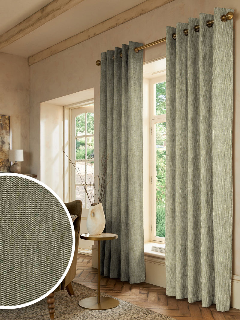 Green knit made-to-measure curtains with herringbone design, UK version