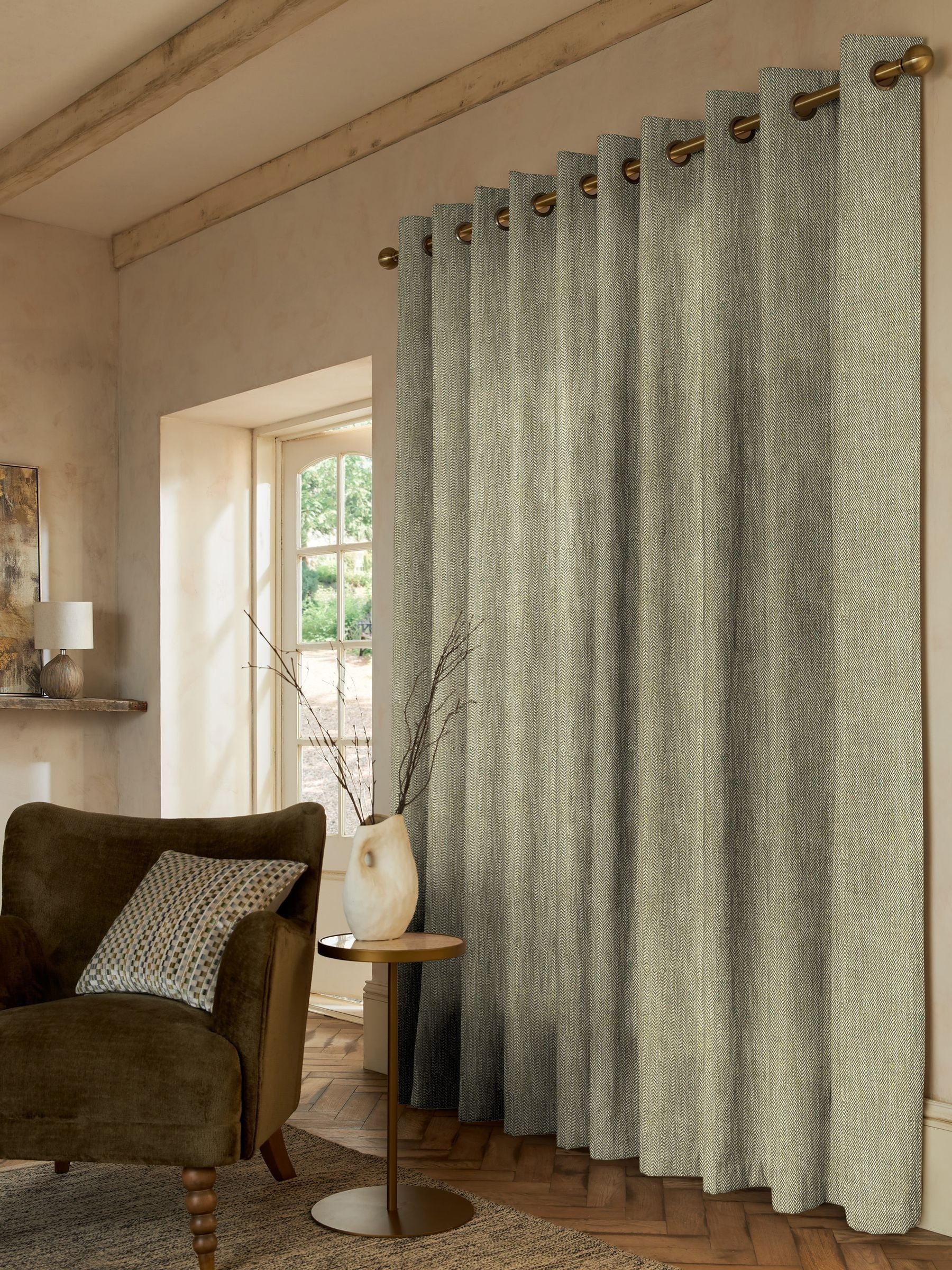 Green knit made-to-measure curtains with herringbone design, UK version