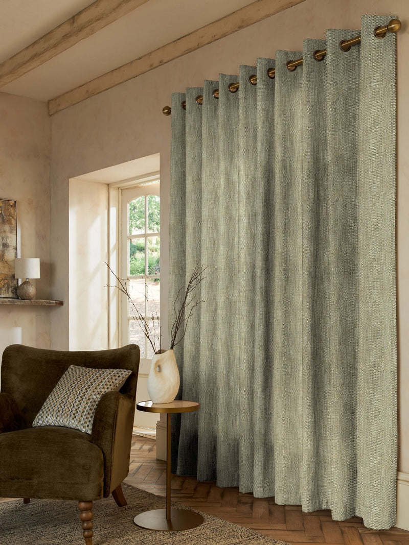 Green knit made-to-measure curtains with herringbone design, UK version