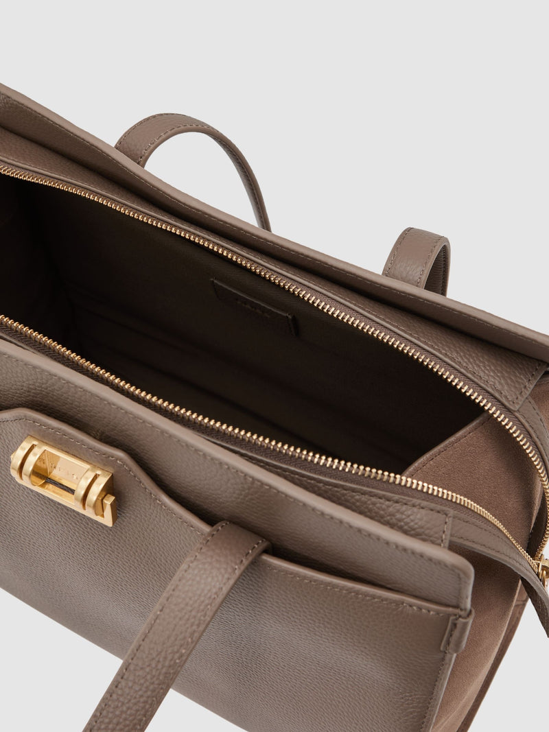 Reiss taupe grained leather tote bag, imported from the UK