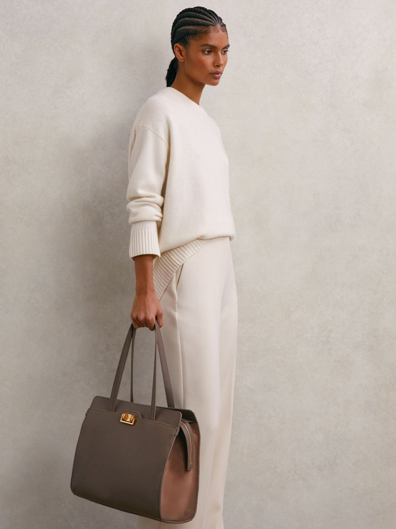 Reiss taupe grained leather tote bag, imported from the UK