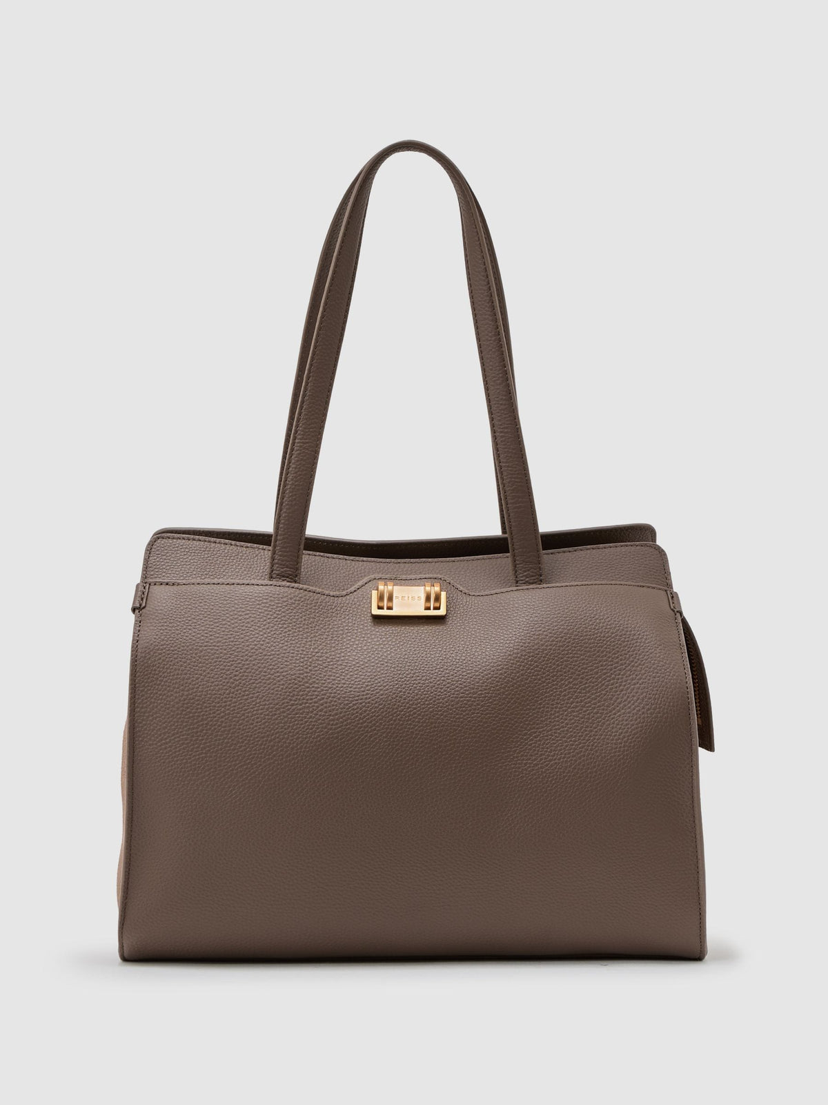 Reiss taupe grained leather tote bag, imported from the UK