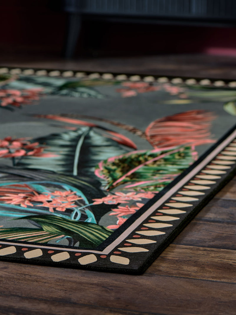 Grey washable tropical border rug, imported from the UK
