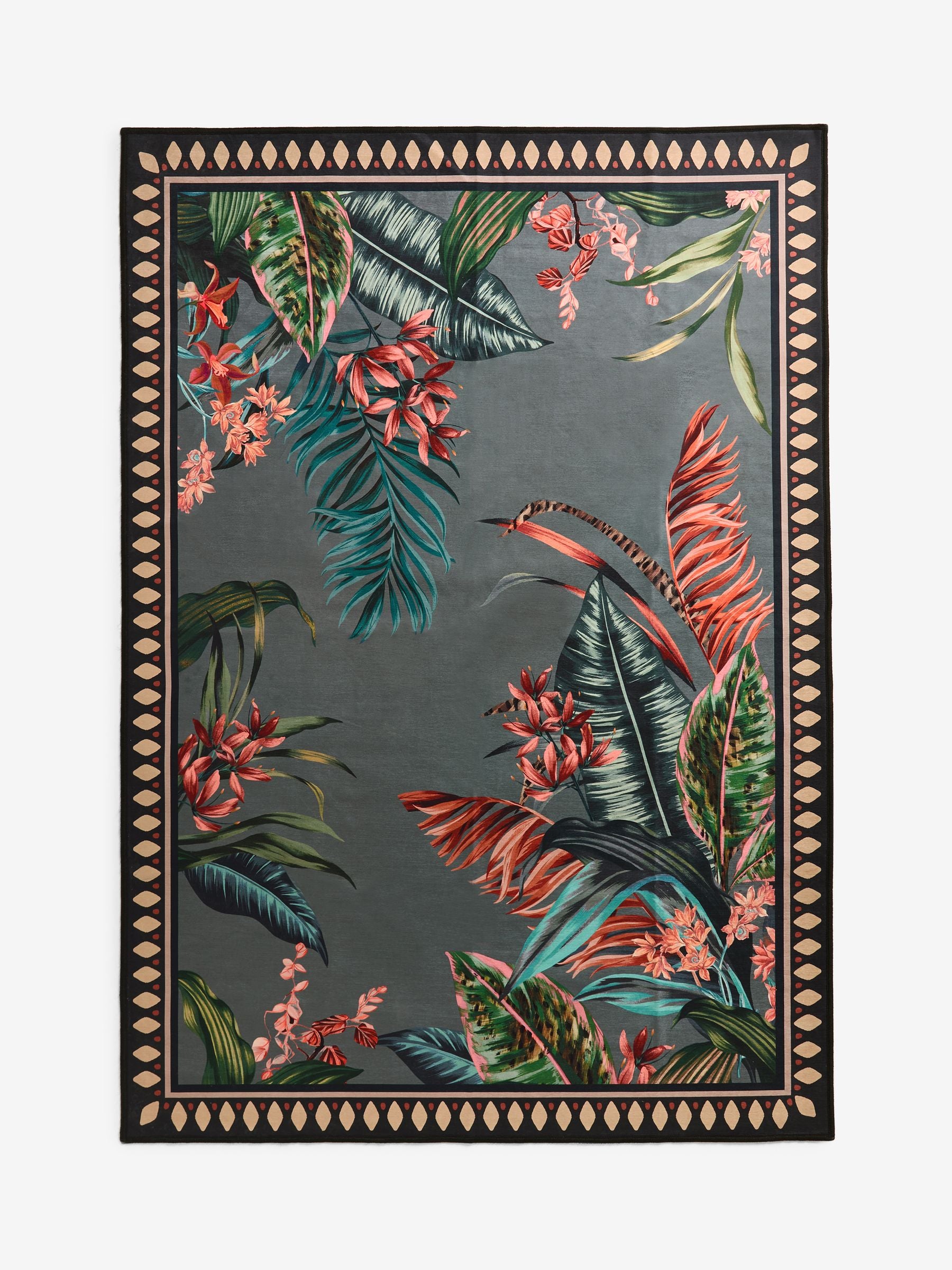 Grey washable tropical border rug, imported from the UK